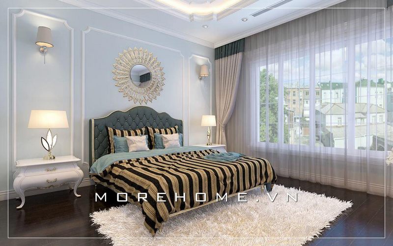 Nội thất phòng ngủ biệt thự đầy ấn tượng, phần cửa sổ được thiết kế với khoảng cách lớn giúp tận dụng được ánh sáng tự nhiên từ bên ngoài